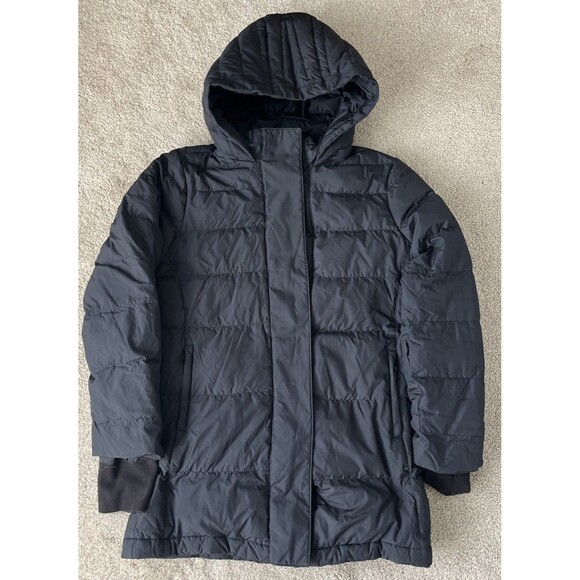 Athleta Down Puffer Jacket Girls Large 12 Black Snow Day Hooded Parka Winter - Picture 1 of 6